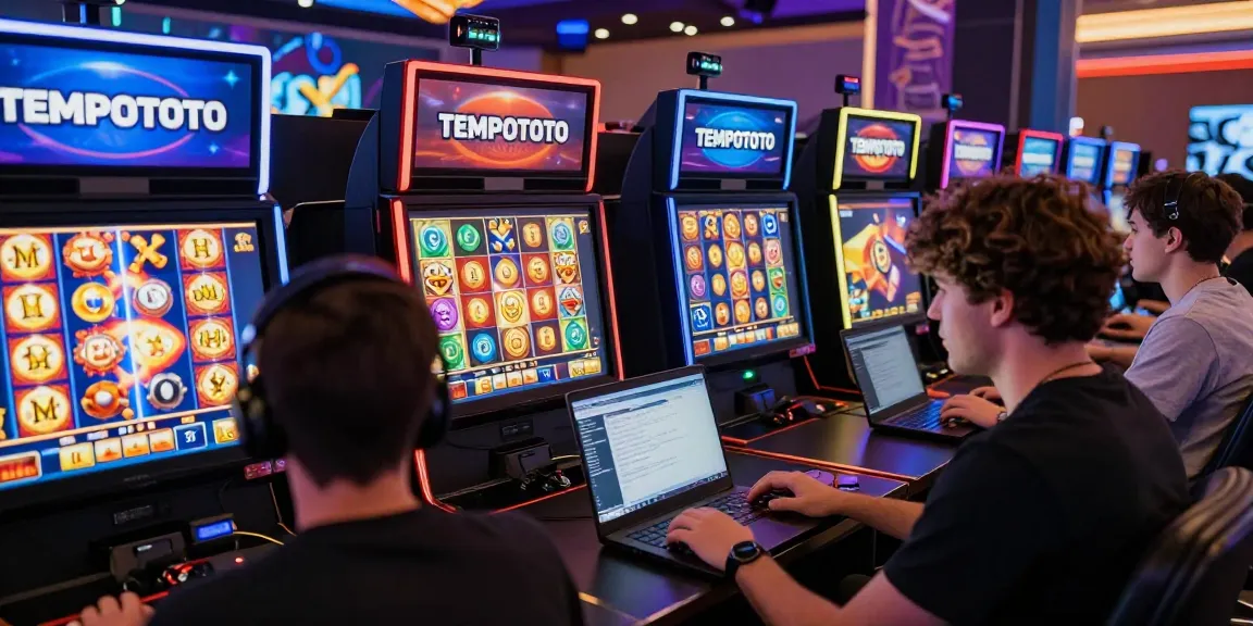 Excited players enjoying TEMPOTOTO's online slot games on various devices, showcasing a vibrant gaming atmosphere.