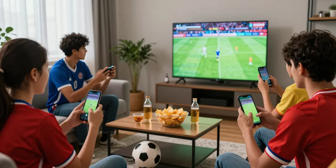 Penggemar sepak bola menonton siaran langsung Jalalive dengan penuh semangat di ruang tamu yang nyaman.