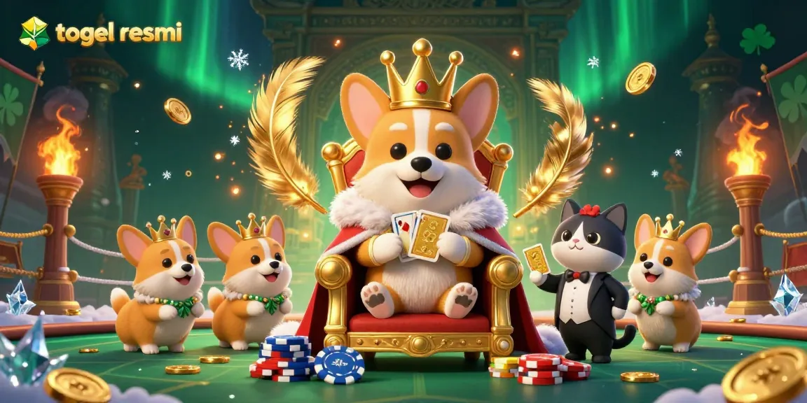 Ilustrasi tangkap corgi royal berserta elemen togel resmi dalam suasana kasino yang meriah.