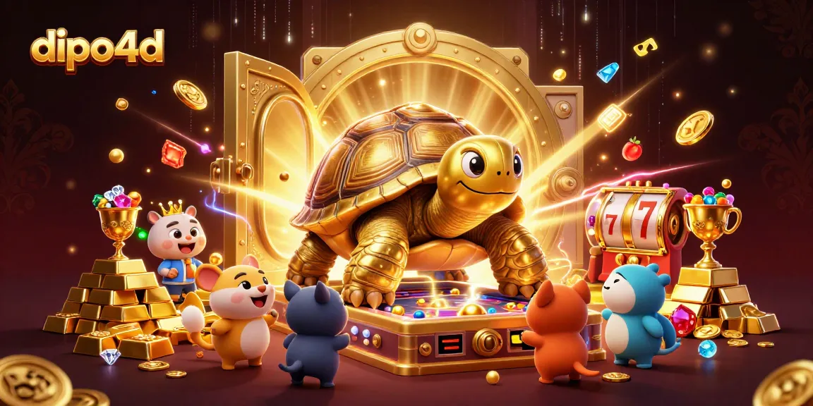 Experience exciting wins at dipo4d with a colossal golden tortoise playing a vibrant pinball machine.