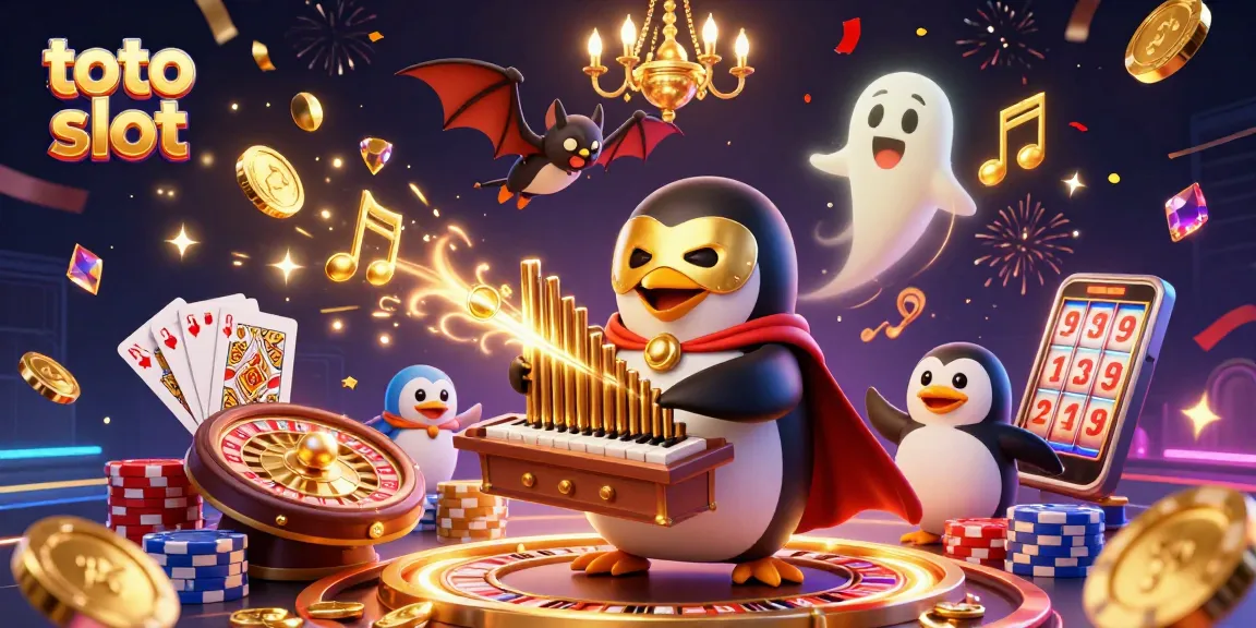 Mengalami keseruan toto slot dengan karakter penguin opera yang bermain organ, dikelilingi koin emas dan efek permainan kasino lainnya.